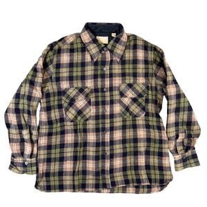 Vintage Kings Road Sears Mens Wool Blend Plaid Flannel Shirt Green Tan Large